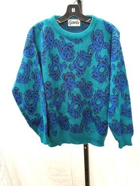 80s Medium Crew Neck Sweater Blue and Teal Patterned Knit